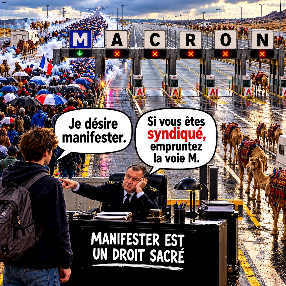 Tri des manifestants au péage du Roi Macron Humour - Manifester est un droit sacré