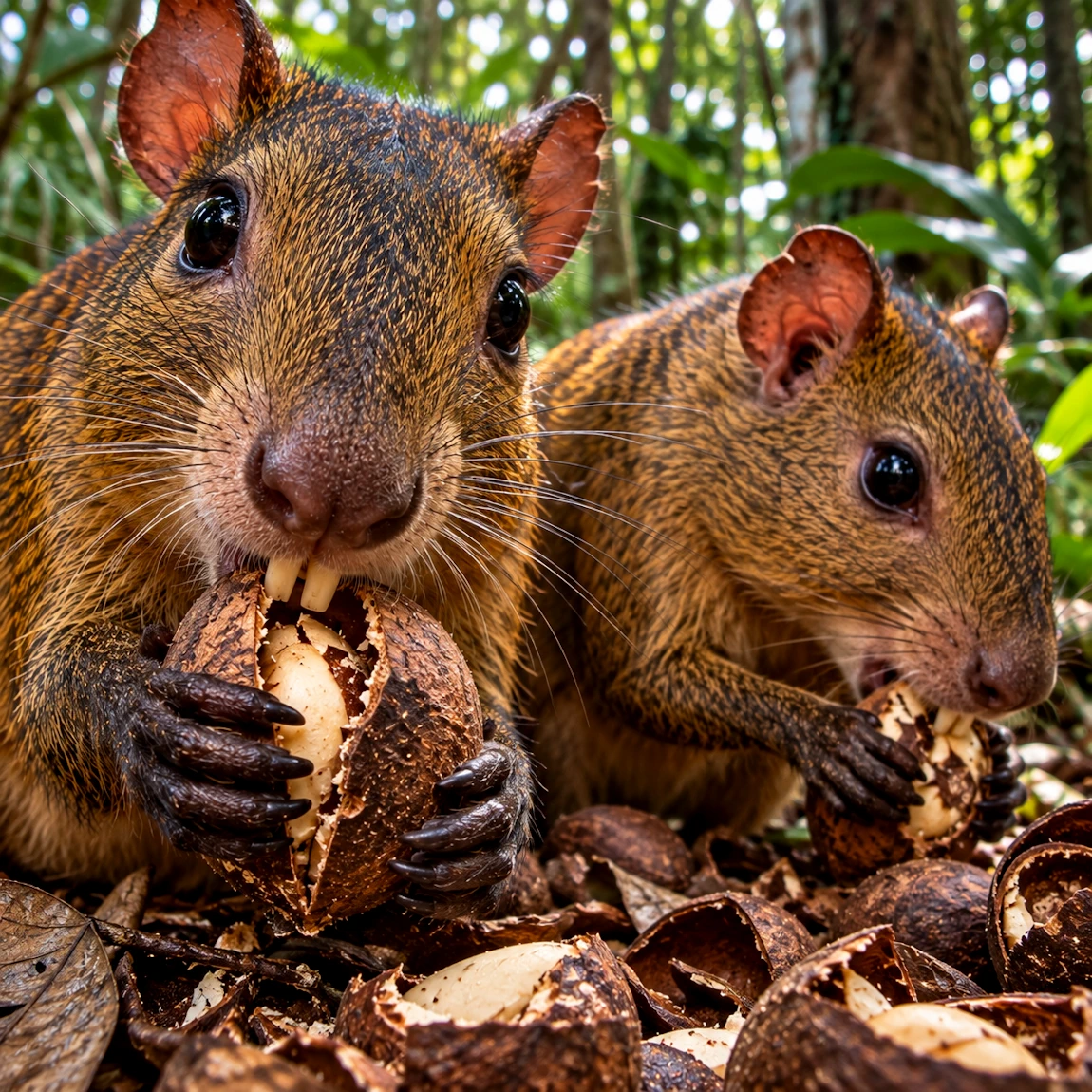 Des agoutis grignottent des noix dans la forêt tropicale - Intelligence biosphérique - Le Seuil - The Seed - Testament du Vivant