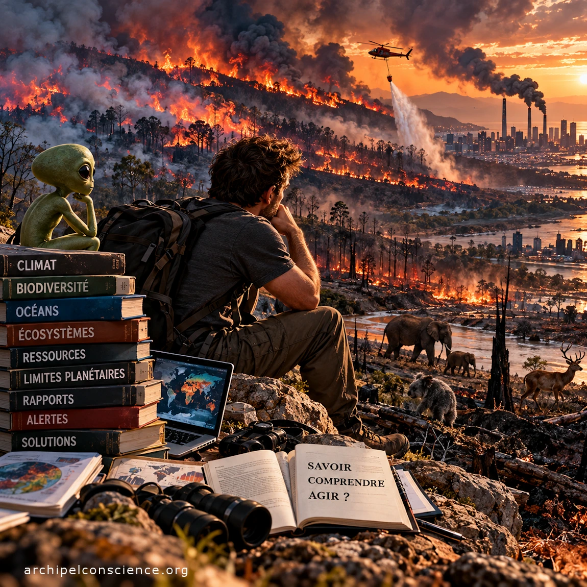 Homo sapiens sapeur pompier face à l'incendie - Regard Extraterrestre