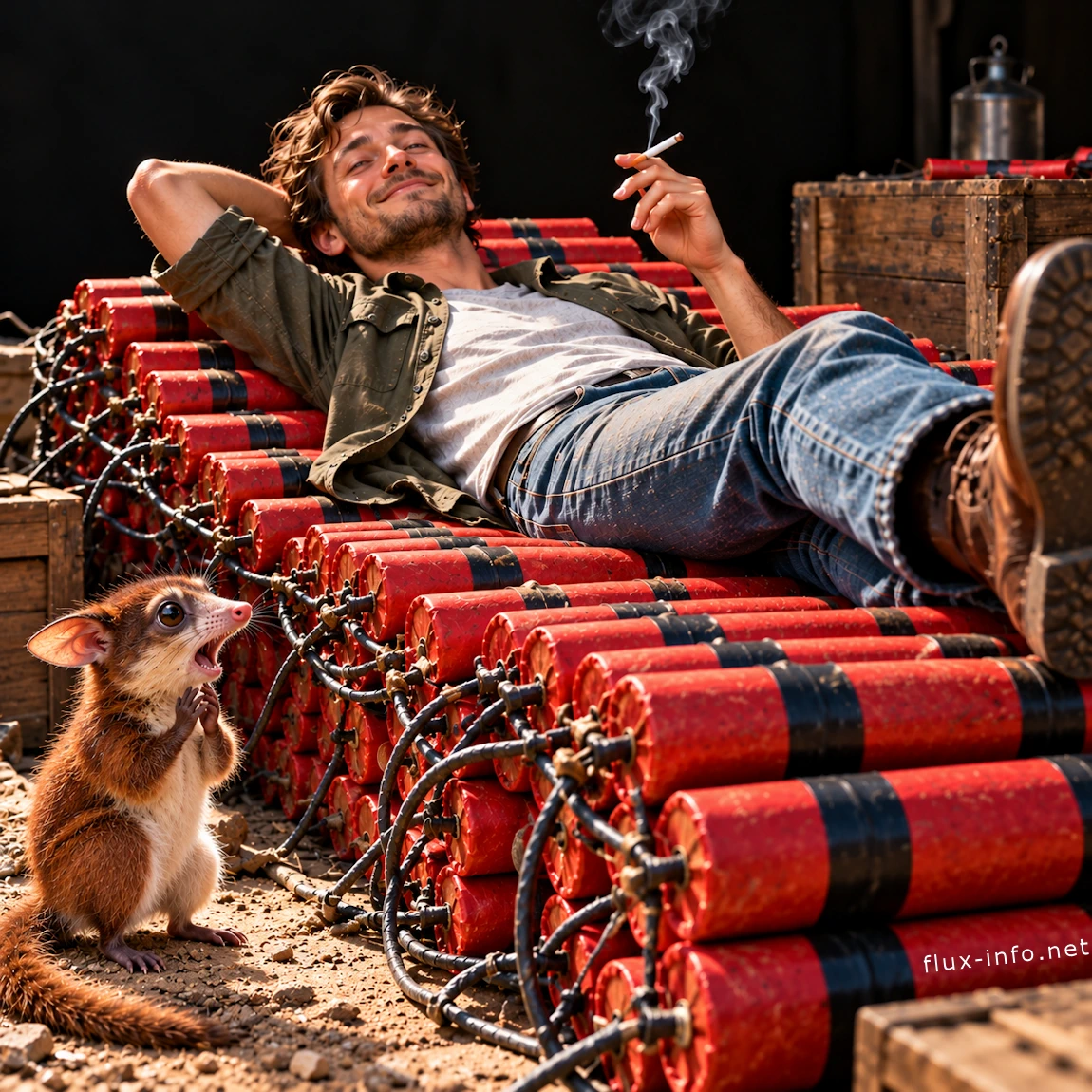 L'homme assis sur un lit de bâtons de dynamite sous les yeux interloqués de purgatorius - The Seed - Le Testament du Vivant