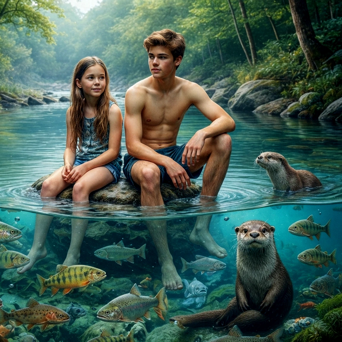 Lucidité et mémoire du Vivant - Adolescent et fillette dans rivière avec marmottes et poissons